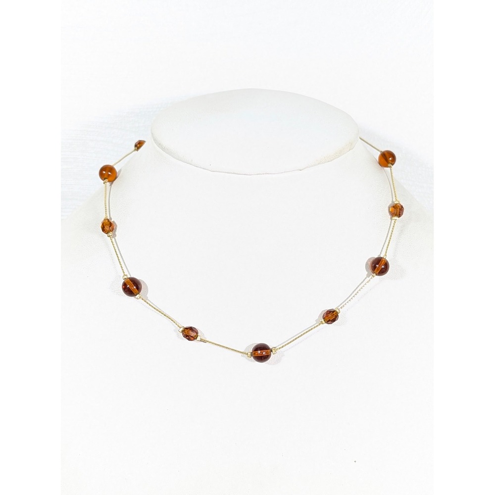 Brown Glass Bead Station‎ Necklace Gold Tone Dainty Minimalist 16"